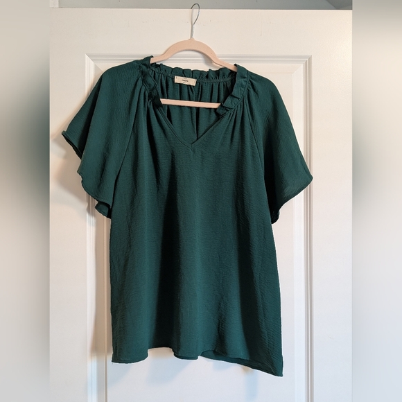 Entro- Relaxed Green Flutter Sleeve Blouse - Picture 1 of 9
